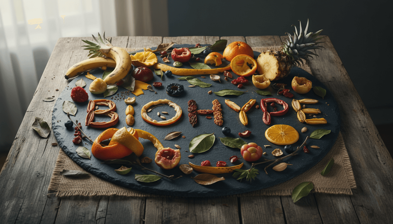 Fresh agricultural fruit waste arranged artfully on a natural surface
