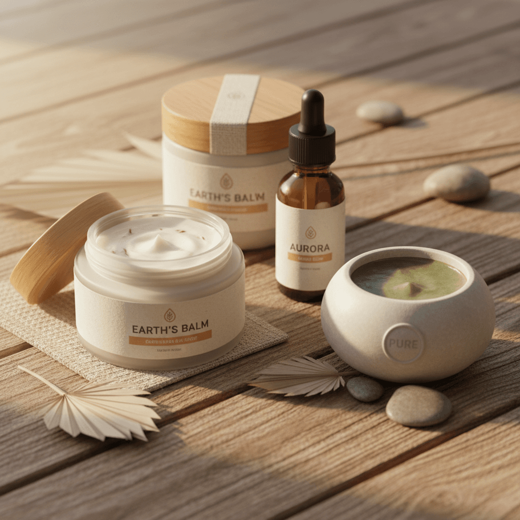 Produtos cosméticos sustentáveis dispostos em superfície de madeira natural