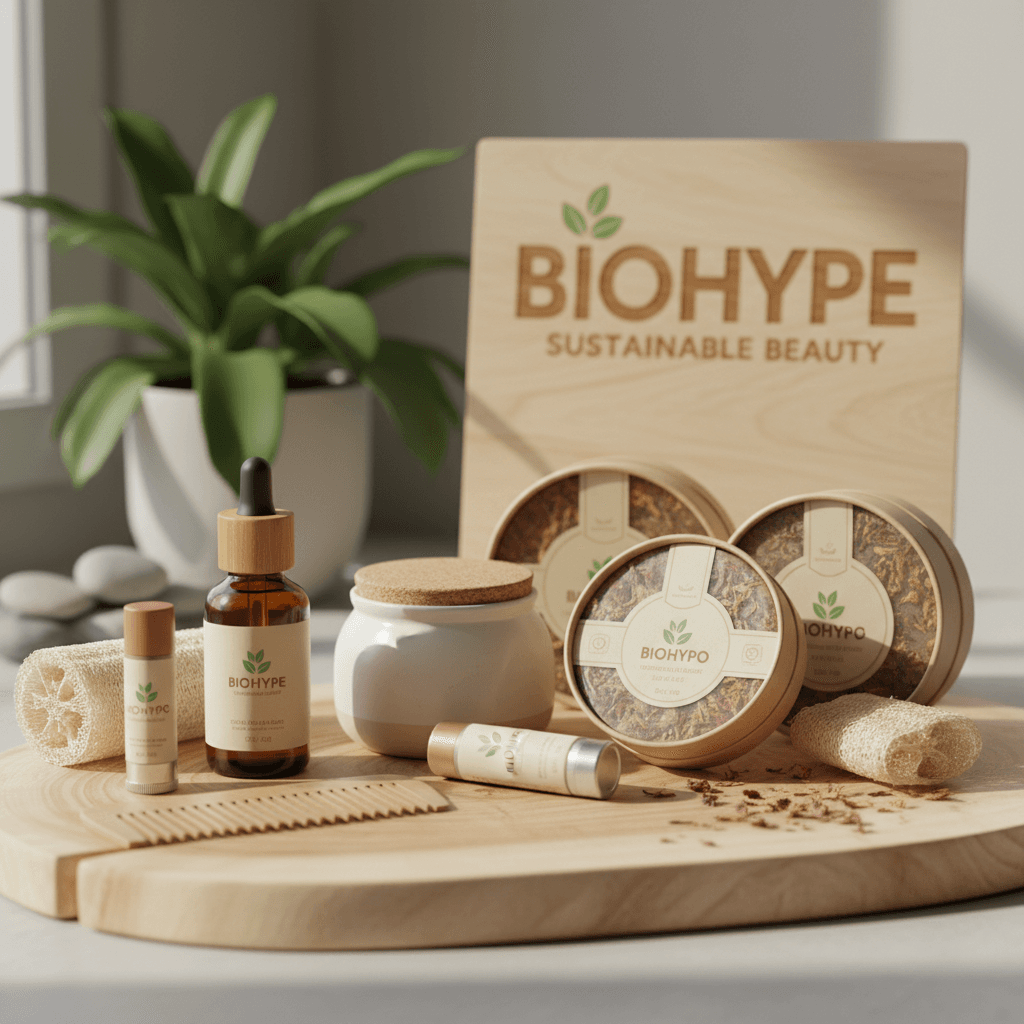Produtos cosméticos sustentáveis dispostos em superfície de madeira natural