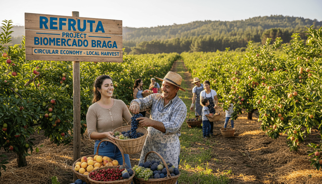 Local farmer harvesting fresh fruit in a sunlit orchard in Braga.