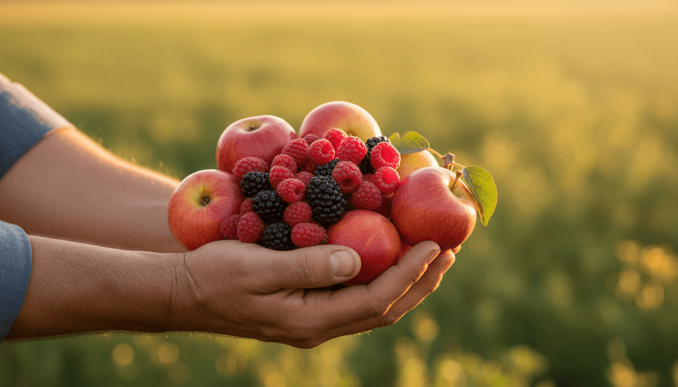 Mãos de agricultor segurando frutas frescas em ambiente rural