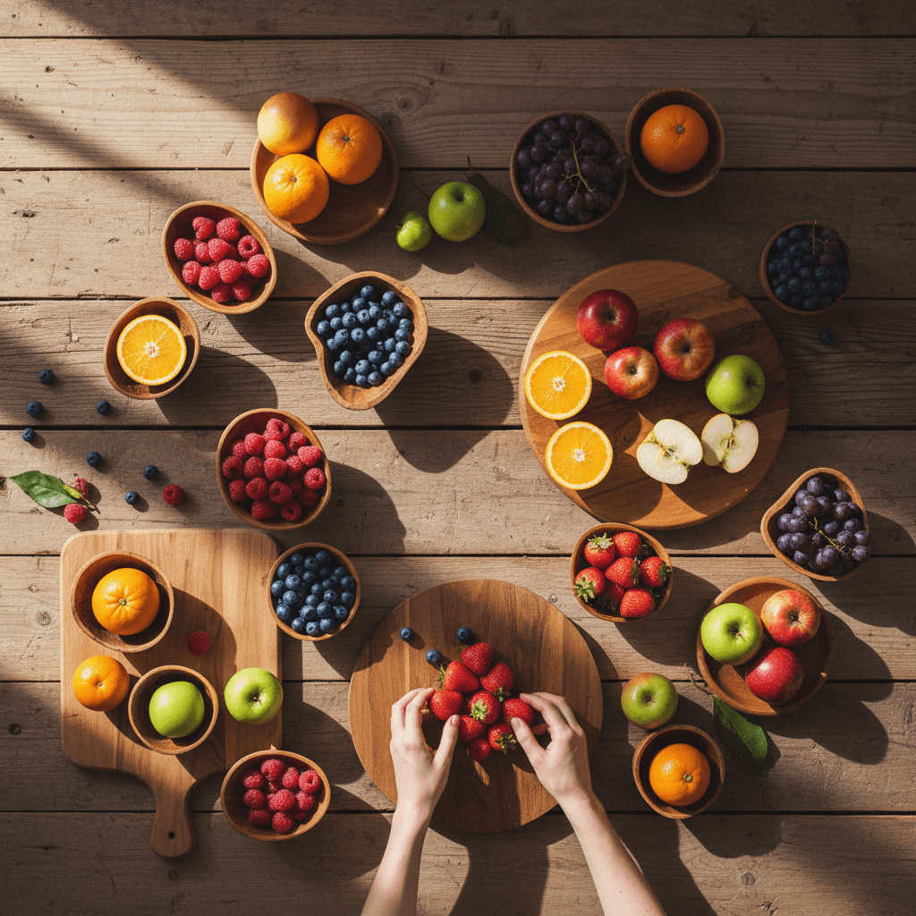 Frutas frescas e coloridas organizadas em superfícies de madeira natural