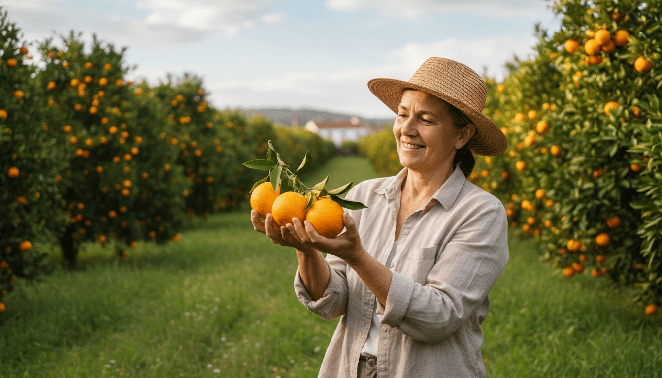 Agricultor local segurando laranja no pomar