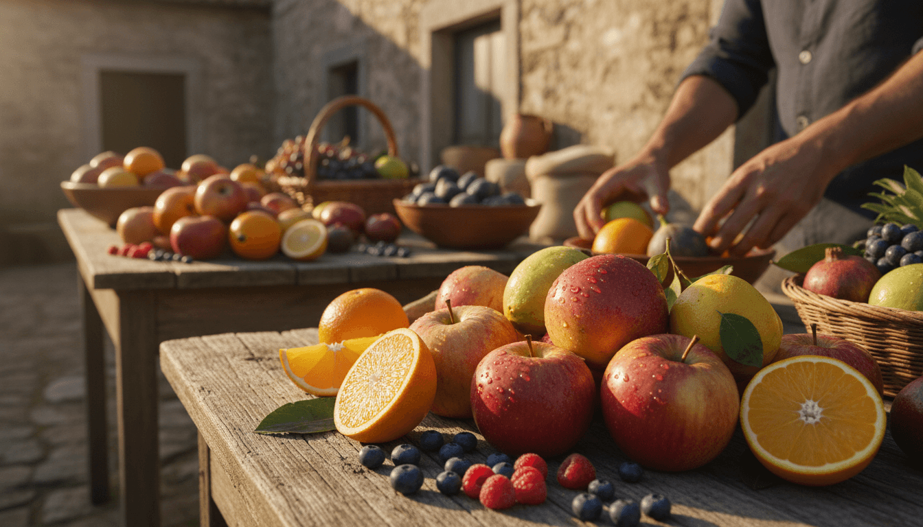 Frutas frescas da colheita em superfícies de madeira rústica, mostrando a matéria-prima sustentável
