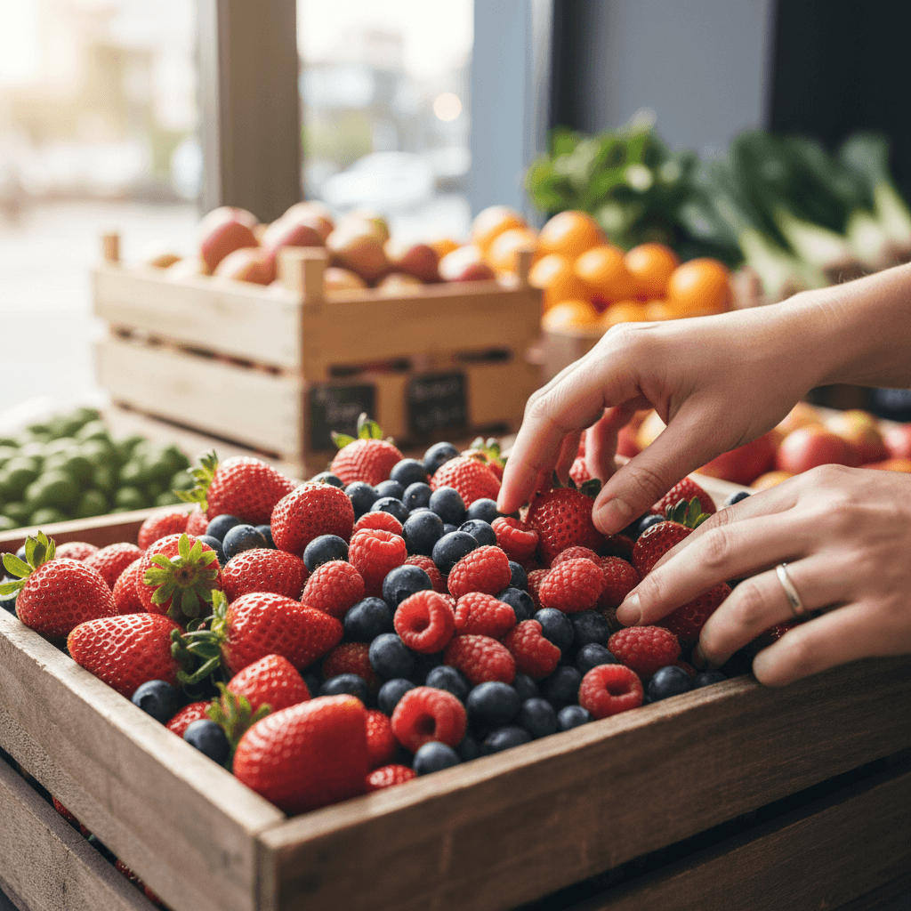 Customer hands selecting fresh berries from wooden display crates in sunlit produce shop