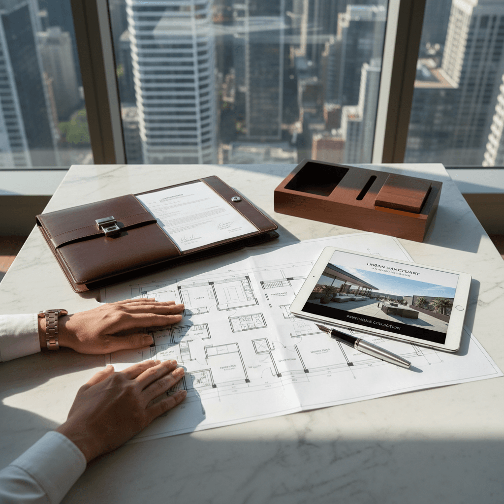 Luxury real estate agent's hands reviewing architectural blueprints and property documents on marble desk with city views