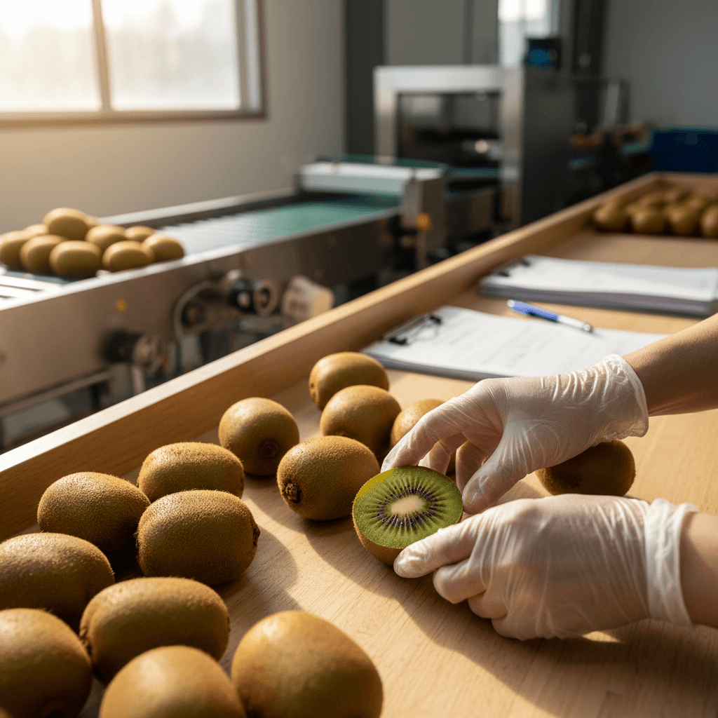 Hands in food-safe gloves inspecting premium kiwifruit on wooden sorting table with natural light